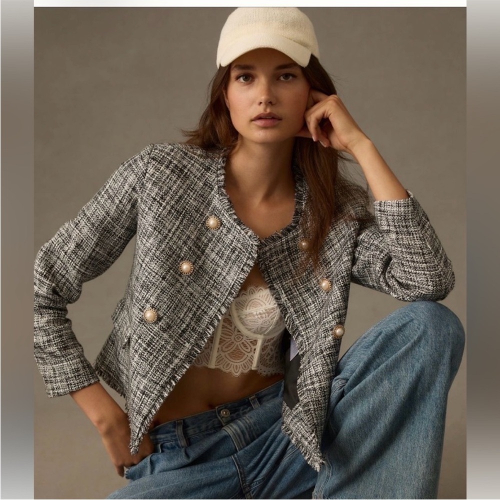 Maeve Anthropologie black white tweed jacket pearl button 2